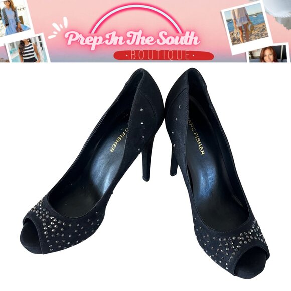 Marc Fisher Harpy Black rhinestone Studded Black Peep Toe Heels 7M - Picture 3 of 8